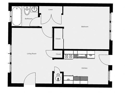 A black and white floor plan of a house with a living room, kitchen, and two bedrooms.